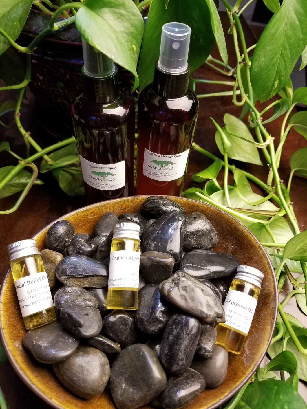 Collection Set of 2-8oz Sage Sprays and 3 Essential Oils - Acacia Health & Wellness
